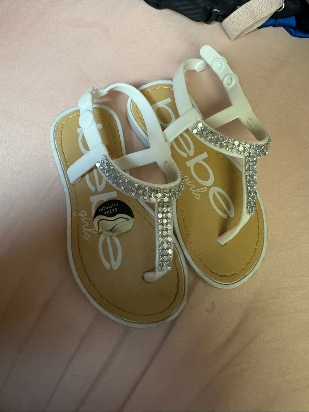 bebe White Rhinestone T-Strap Girls Sandals